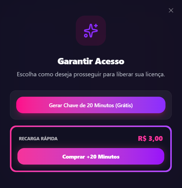 Modal Garantir Acesso com botão Gerar Chave de Teste Grátis